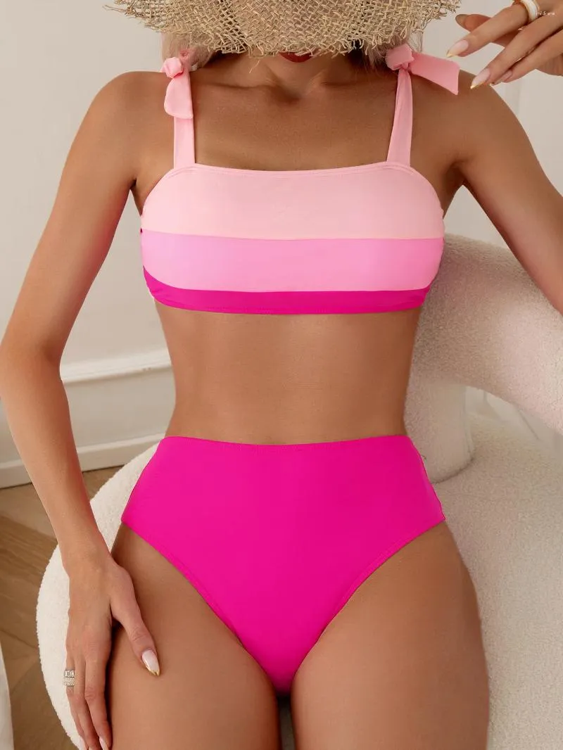 Dames badmode sexy stropdas schouder hoge taille bikini's stelt twee stukken roze zwempak vrouwen gevulde bandeau Braziliaanse biquini strandkleding