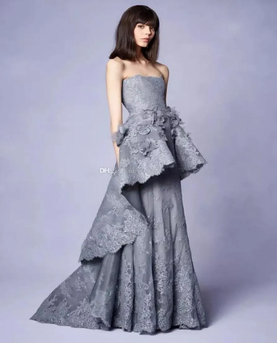 Abito da sera in pizzo grigio lungo con abbellimenti floreali 3D abiti da scollo senza spalline da festa marchesa resort collection4296854