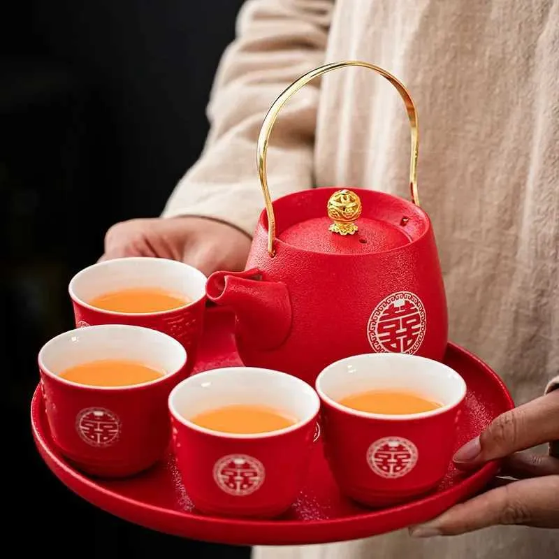 Tee -Sets Haushalt rot Keramik Tea Pot Set Boutique Teekanne und Tasse Set Customized Tea Sets Geschenke handgefertigtes Teebechzubehör Accessoires