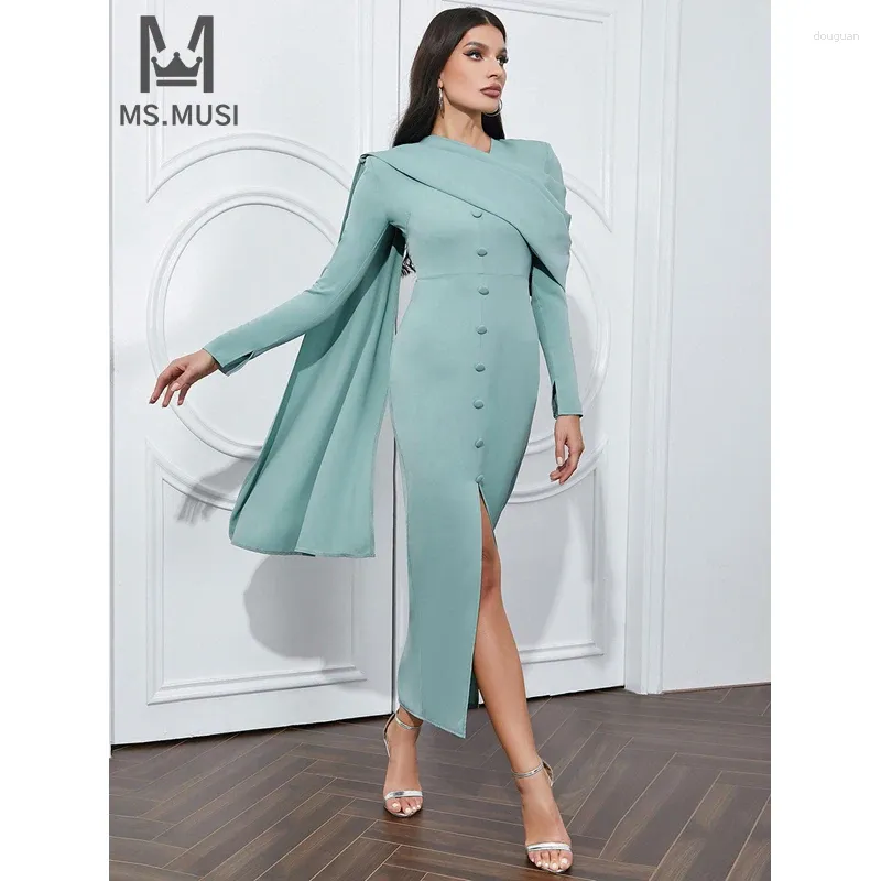 Abiti casual msmusi 2024 Fashion Women Women Sexy Maglo Callino Flitta drappeggiata a maniche lunghe BodyCon Club Event Event Midi Vestidos