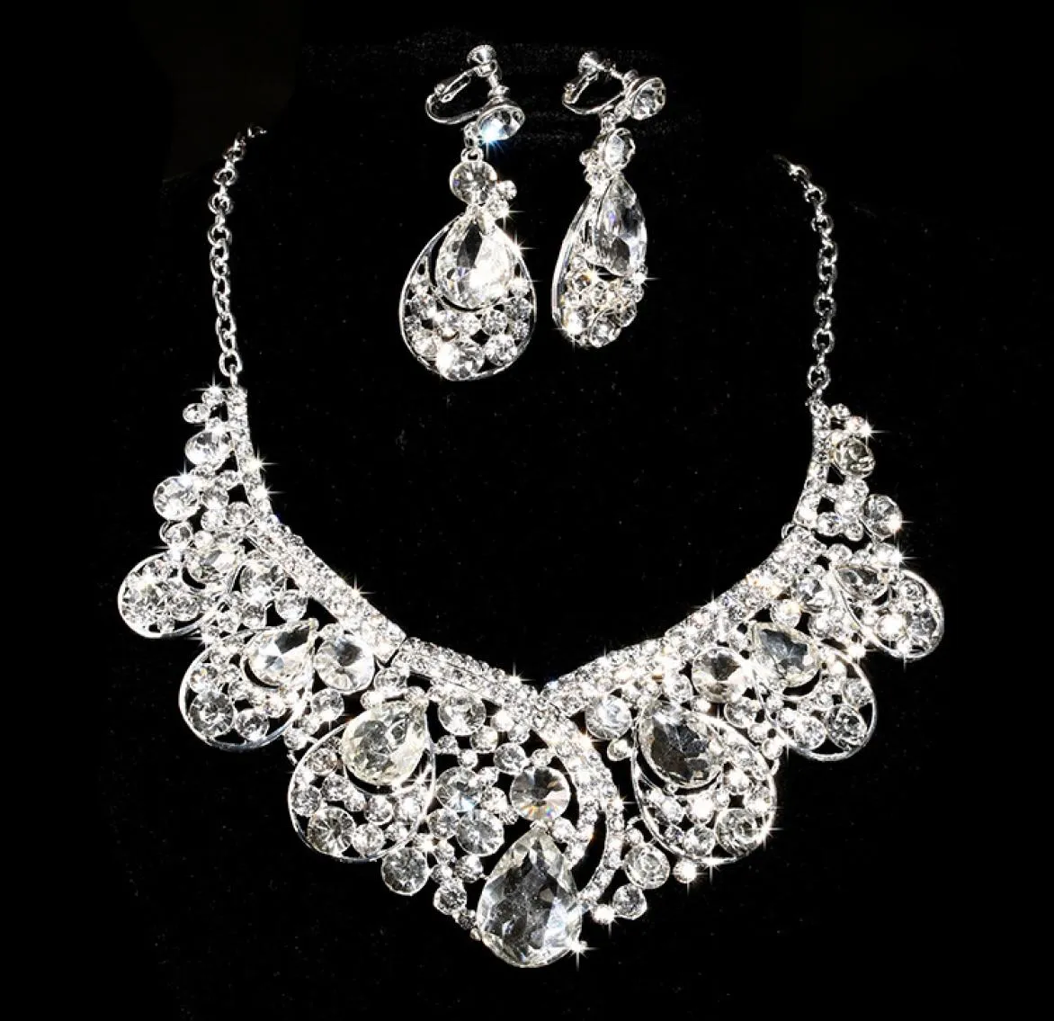 Elegant Simulated Pearl Bridal Jewelry Sets Silver Color Crystal Necklaces Earrings Sets Wedding Jewelry Fashion Jewelry Sets8557945