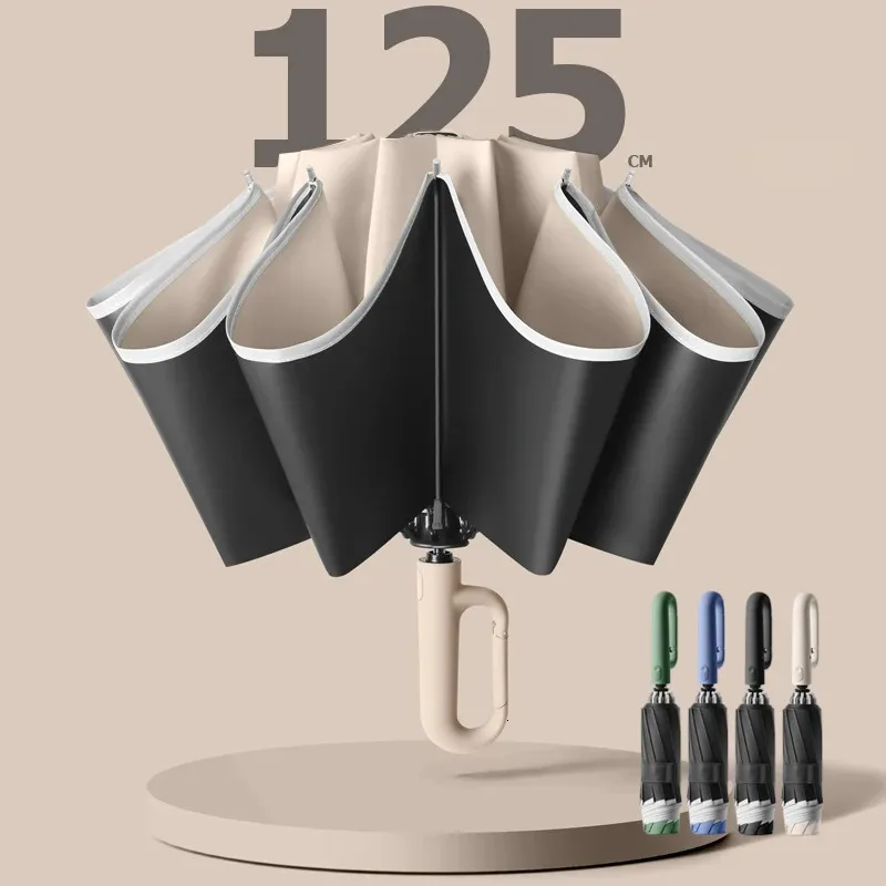 Fully Automatic Reverse Folding Umbrella with Windproof Reflective Stripe UV Umbrellas for Men and Women Carabiner Handle Travel 240420