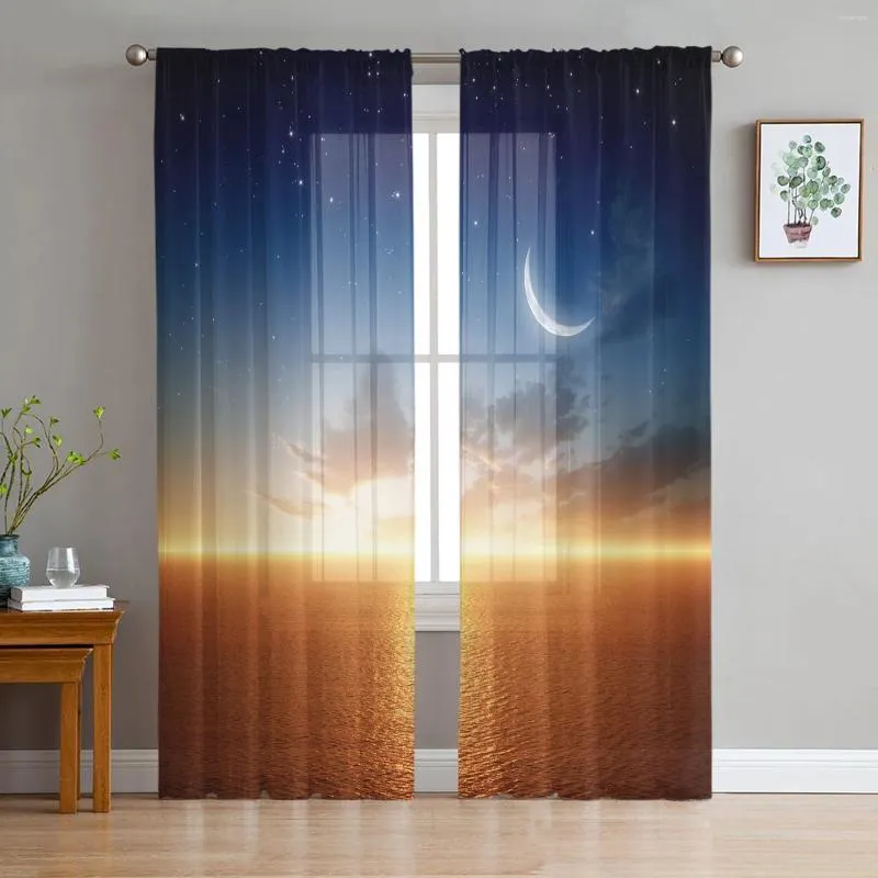 Gordijn zee zonsondergang maan sterren chiffon pure gordijnen voor woonkamer slaapkamer huisdecoratie raam voile tule gordijnen