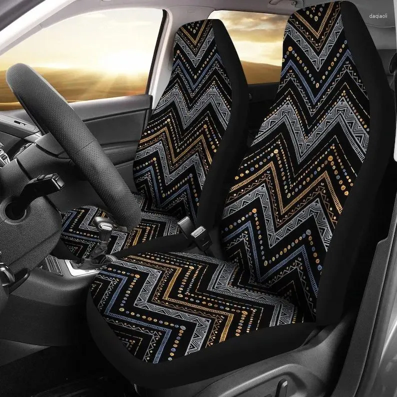 Capas de assento de carro preto colorido colorido asteca boho chic bohemian Pattern par 2 protetor frontal