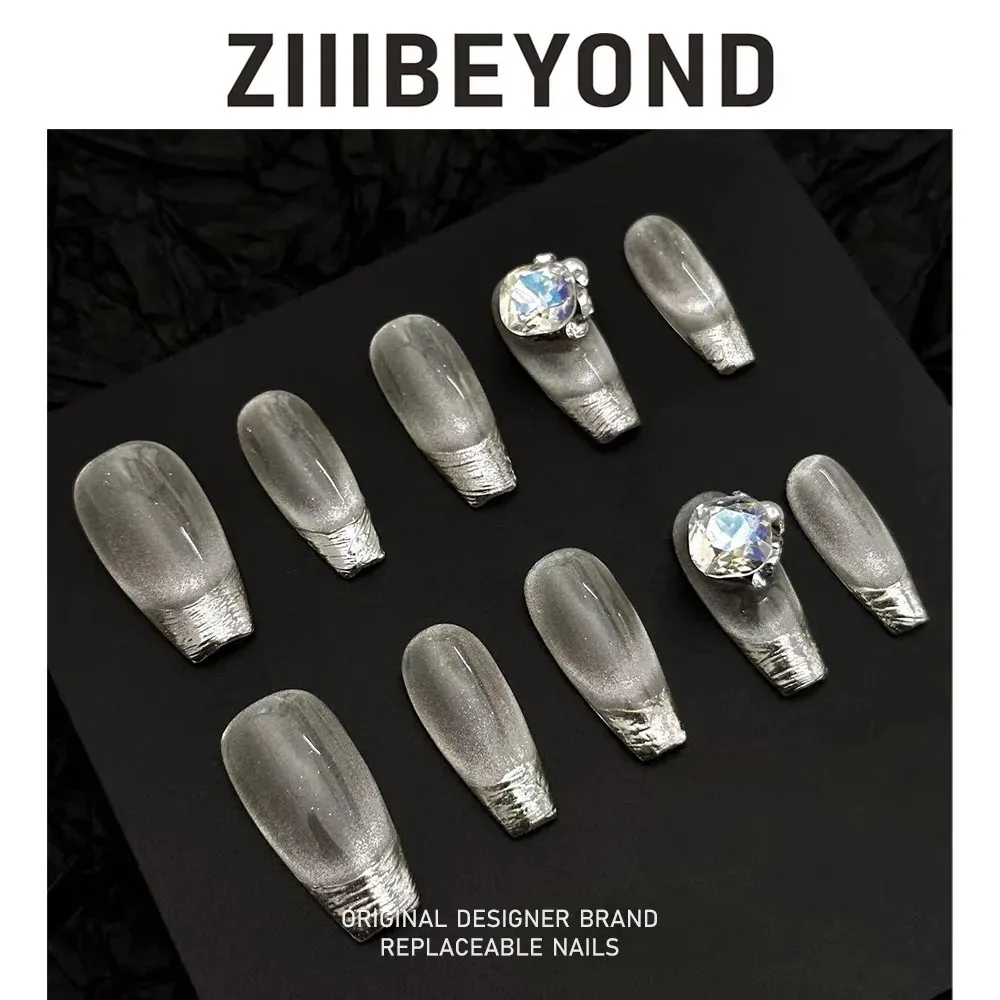 ZIIIBEYOND Jingji nail art handmade wearing nail personality cool European and American flash diamond white ladder ZB88 240430