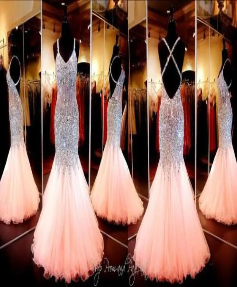 Fantastisk Coral Mermaid Prom Dress Sweetheart Halsring Open Back Pageant Evening Downs With Full Pored Crystal Custom Real Picture 2437107