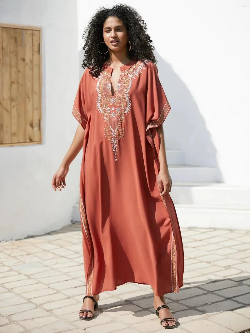 Beach Coverup Cotton Positioning Rust Flower Holiday Loose Long Dress Middle East Robe Cross Border Amazon Style