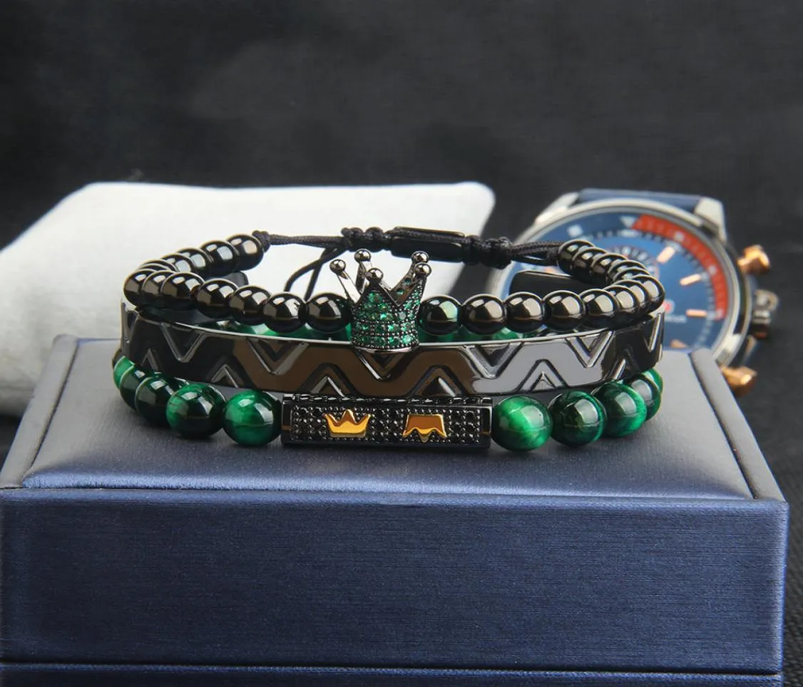Bracelet de bangel de couronne de 3pcSset pour hommes Bracelet de tressage de couronne Green CZ mode
