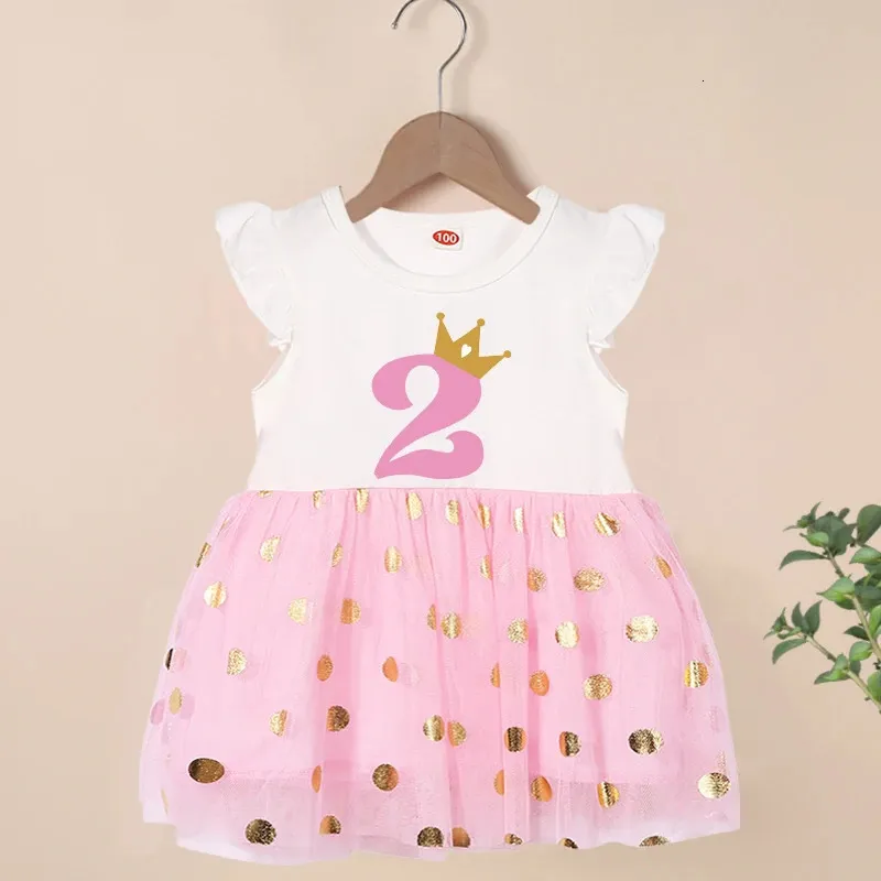Happy Birthday Print Number 16th Girls Flying Sleeve Dresses Cute Kids Party for Princess Dress Tops Baby Clothing 240428