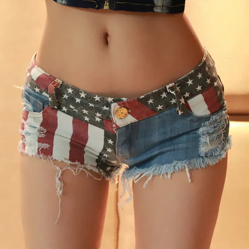 Mid Taille Jeans Shorts Women Fashion USA Flagge gedruckt Denim Pole Danz Dünnloch Kurzpants S-XXL 240425