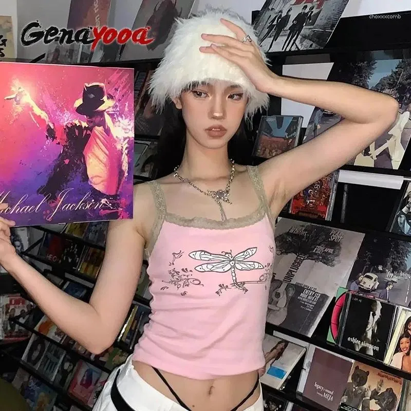 Tanks pour femmes Genayooa Vintage Tops Femme Femme Pink Lace Print Halter Y2K Retro Crop Streetwear 2000S Japanese Fairycore Summer