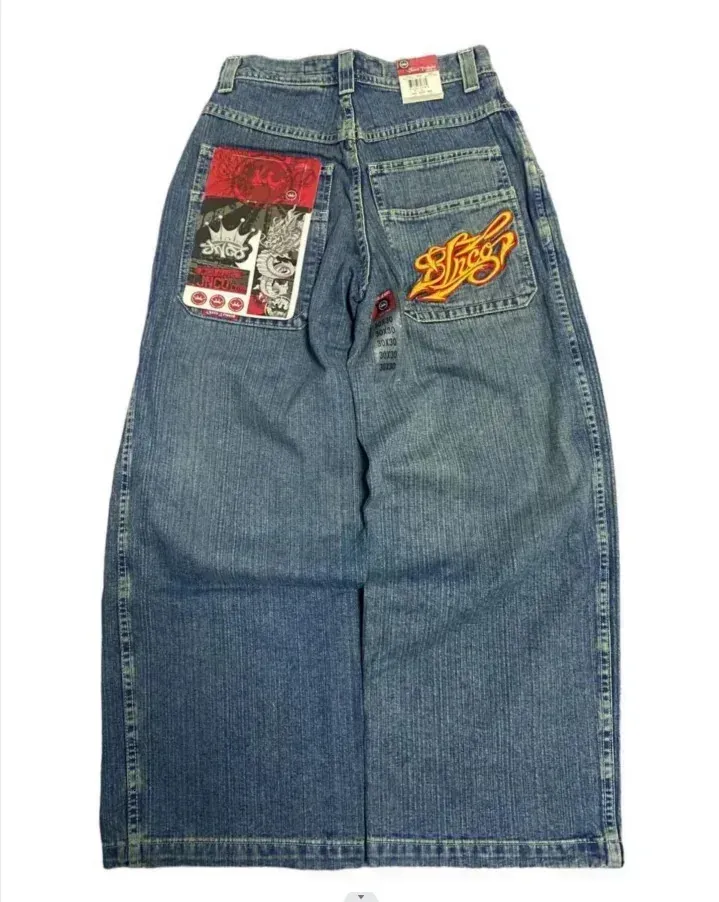 JNCO Jeans Y2K Harajuku Hip Hop Letter Embroidered Vintage Baggy Denim  Jeans Mens Womens Goth 90s High Waist Wide Leg Trousers