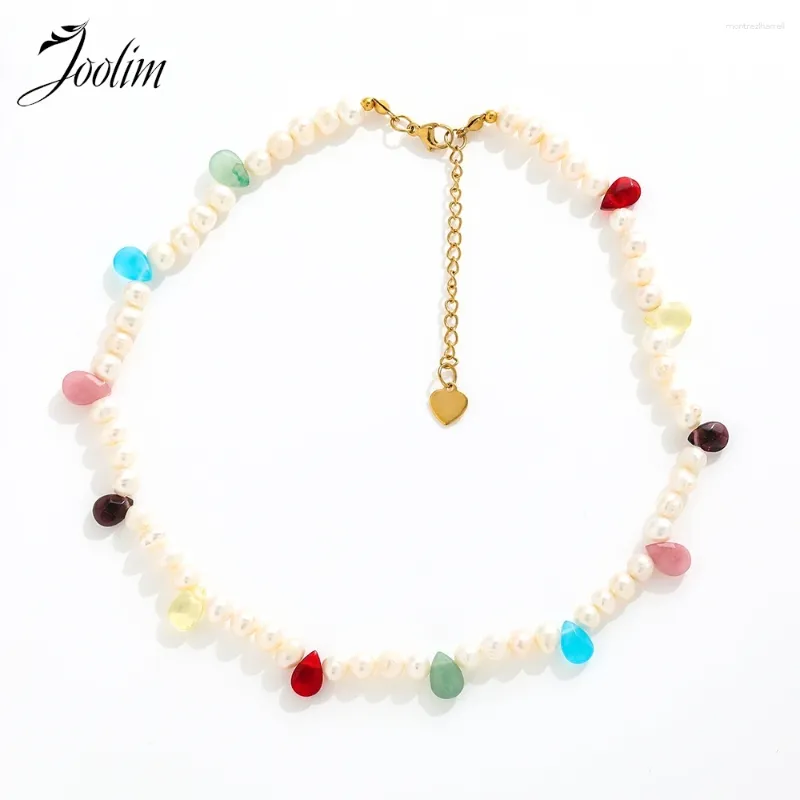 Ketten Joolim Schmuck Großhandel Sommer elegante Mode Liebe Naturstein Süßwasserperlen Drop Edelstahl Halskette für Frauen