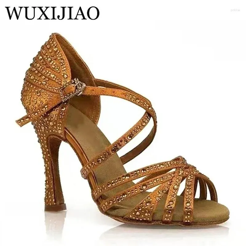 Tanzschuhe Bronze Satin Diamond Latin High Heels Professionelle weiche Solte Sommersandalen Square