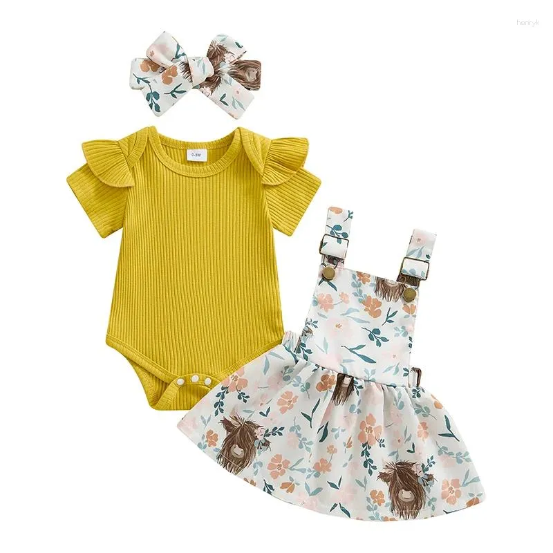 Roupas de roupas de roupas de verão de manga curta Romper com estampa floral de manga curta Vestido de saia geral 3pcs nascidos