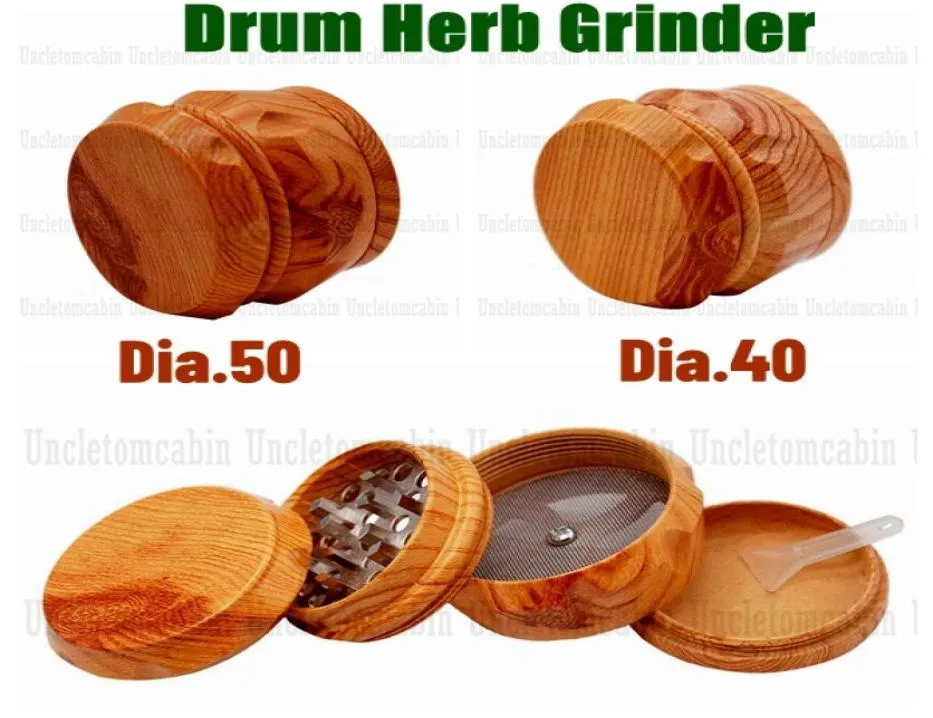 Drum Style Hard Plastic Herb Grinder For Tobacco 40MM 50MM 4 Piece Acrylic Smoking Herb Grinder With Wooden Wood Crusher Leaf Desi1200137