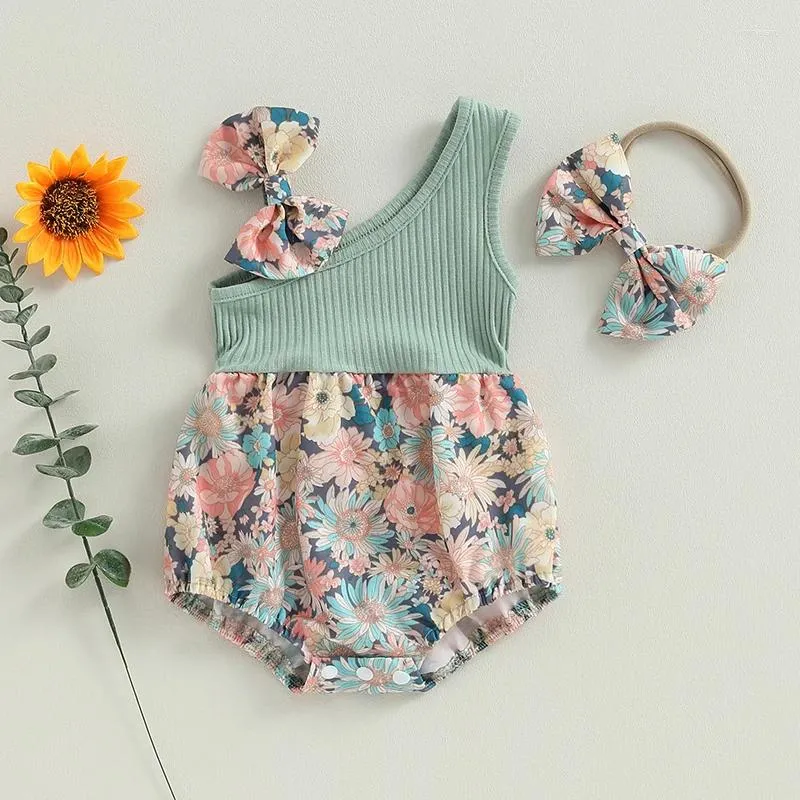 Rompers sommar baby flicka sweety outfits blommig en axel romper stretch pannband söta lapptäcke bodysuits playsuits kläder