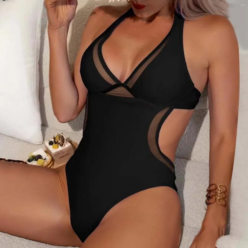 Swimwear femminile sexy cavo a V Deep Neck One Piece Swimsuit 2024 Women Solid Black Slim Fit Fit Pleato Monokini Summer Beding Bedlessless