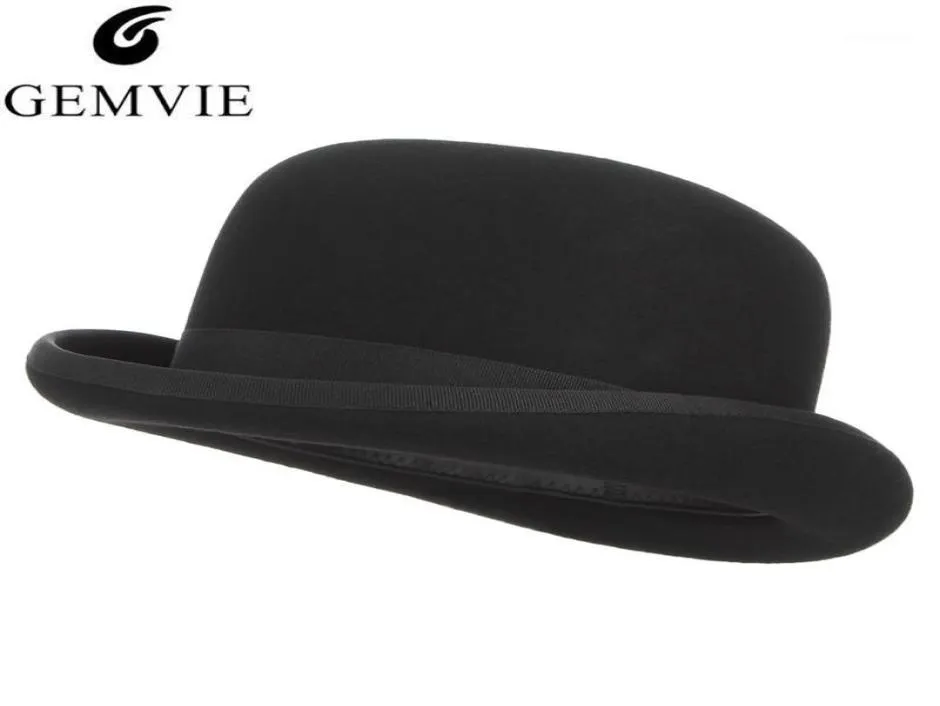 Gemvie 4 Boyutlar 100 Yün Kuşak Siyah Bowler Hat Erkekler Kadınlar Saten Kapalı Moda Partisi Formal Fedora Kostüm Sihirbaz Cap12382055