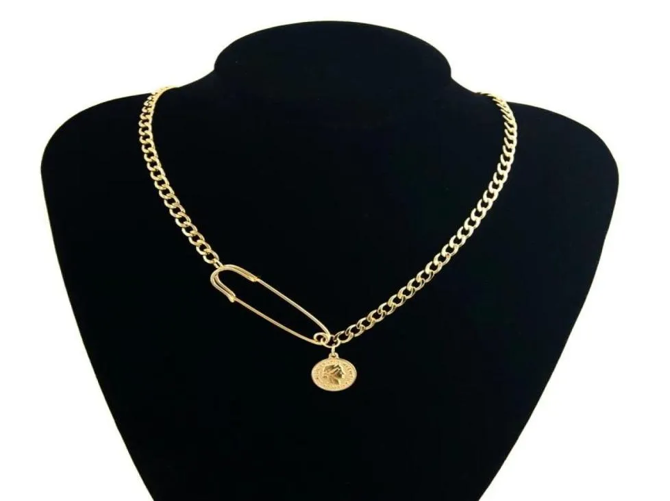 Pendant Necklaces Safety Pins Stainless Steel Necklace For Women GoldSilver Color Metal Coin Medallion Choker Collier Cuban Chain8228812