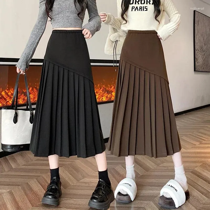 Signe in lana nera pieghettata per donne abbigliamento primaverile autunno inverno coreano moda elegante gonna a vita alta kawaii