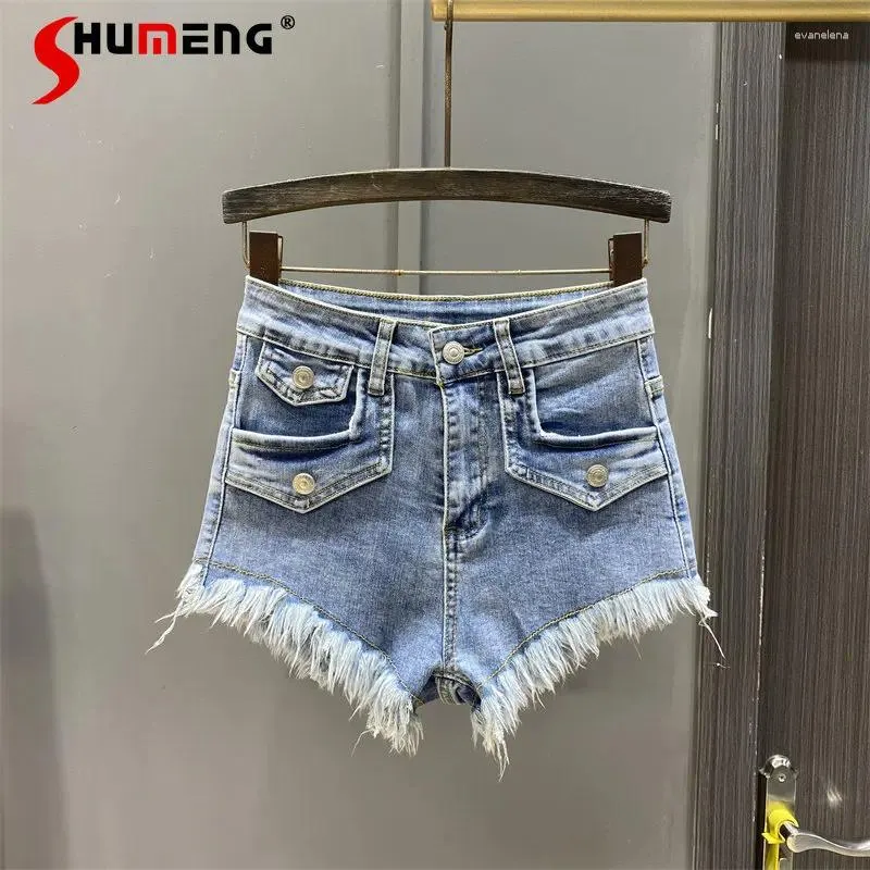 Frauen Jeans dehnen hohe Taille Denim Shorts Sommers Sommer enge sexy Quasten Hüfte A-Line Hosen Trendy Ins Short