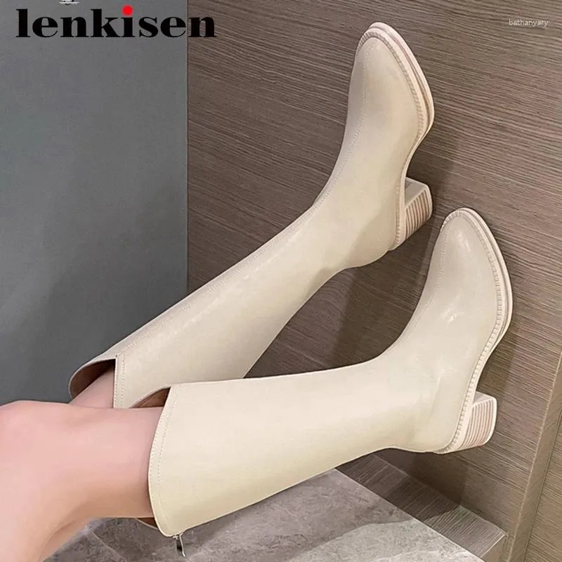 Boots Lenkisen Full Grain Leather Pointed Toe Riding High Heels Recommend England Style Solid Street Wear Zip Thigh