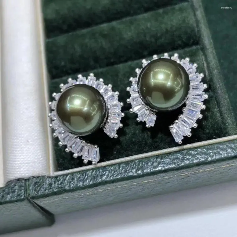 Stud Earrings D528 Pearl Fine Jewelry 925 Sterling Silver Round 9-10mm Nature Fresh Water Peacock Green Black Pearls