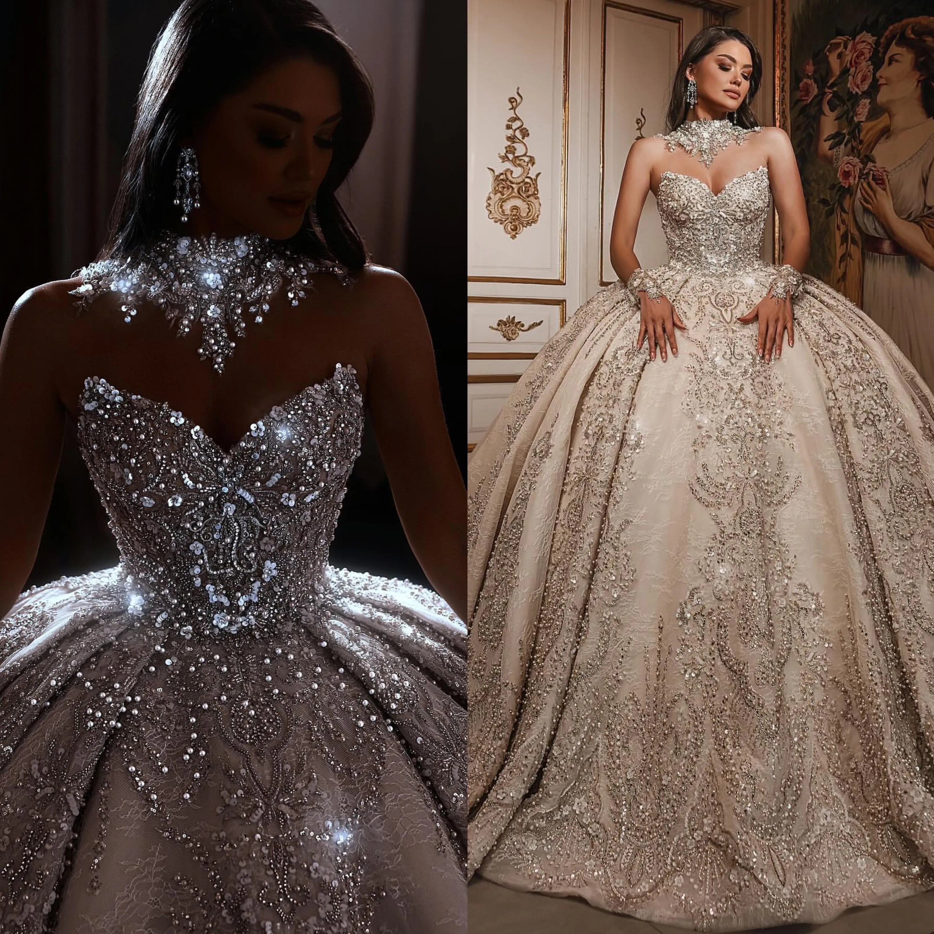 Gorgeous crystal ball gown Wedding Dress beaded high neck vintage wedding dresses sweep train ruffle Saudi Arabic Dubai Qatar luxury Bridal gowns plus