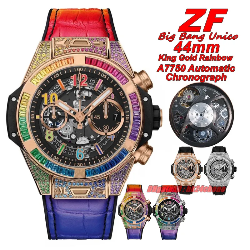 TWF Luxe horloges TW King Gold Rainbow 44mm A7750 Automatische chronograaf Heren Watch Sapphire Crystal Skeleton Dial Leather Riemhenden Polshorloges