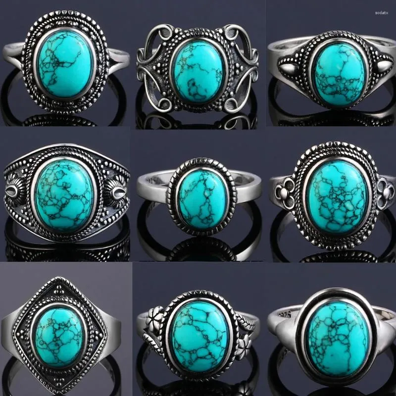 Cluster Rings Vintage S925 Sterling Silver Ring Natural Turquoise Luxury Jewelry Party Anniversary Birthday Gift For Women Man