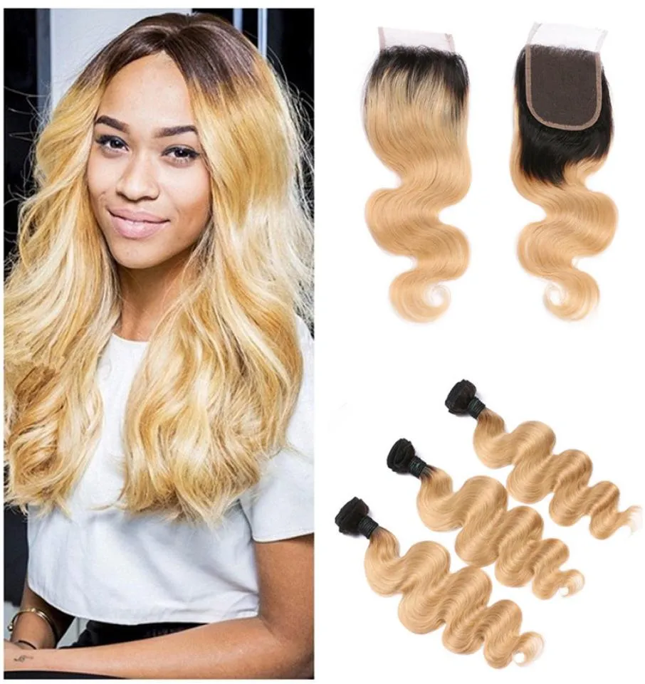 T 1B 27 donkere wortelhoning blonde lichaamsgolf Ombre menselijk haar weefsel 3 bundels met kanten sluiting Braziliaanse maagdelijke haarextensions1258737