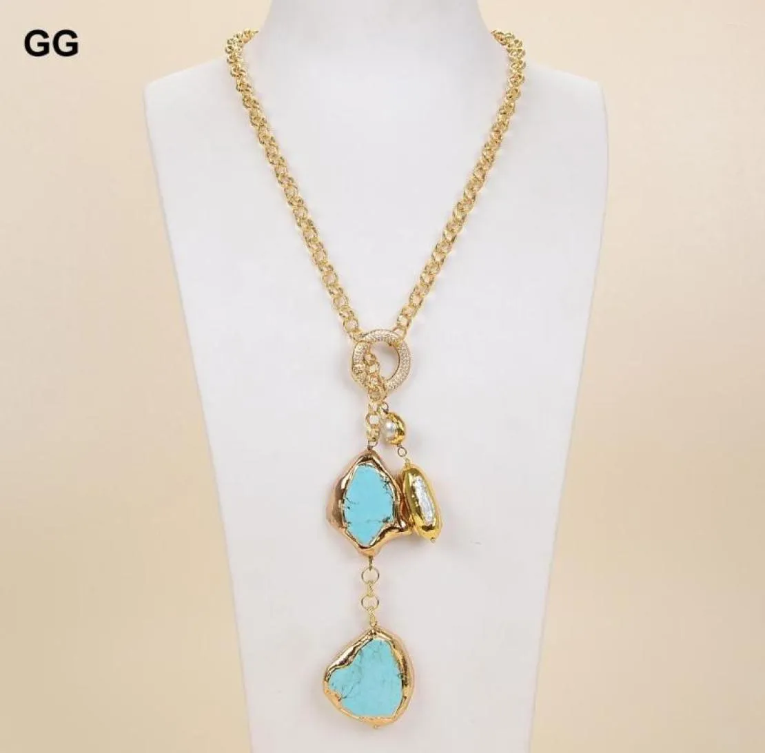Hanger kettingen guaiguai sieraden 27quot witte biwa parel blauw turquoise edelstenen stenen lariat ketting ketting7106732