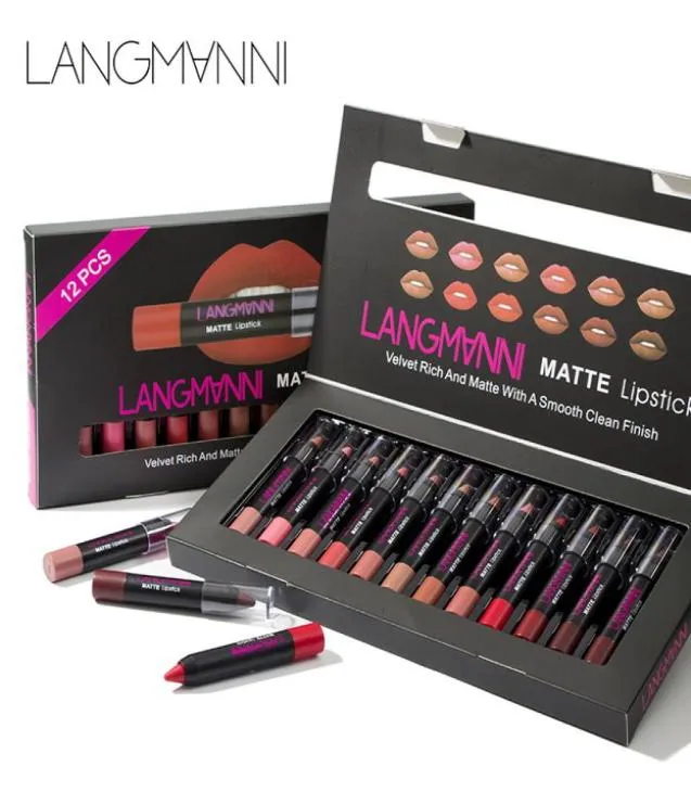 Langmanni 12 -delige lippenstiftset Velvet rijk en mat met een gladde schone afwerking Crayon Longlasting Cosmetics Beauty MaquiaGem Li7869502