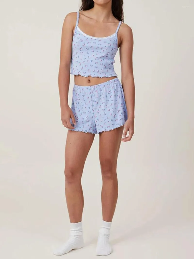 Damen -Tracksuits Women Pyjama Set 2 Stück Loungewear -Anzüge Blumenerdruck Camisoles Tanktops und elastische Taillen -Shorts -Nachtwäsche -Outfits