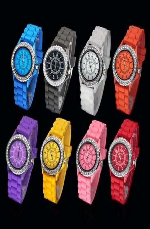 Lot 50st Fashion Geneva Crystal Diamond Jelly Silicone Watch Unisex Men039S Women039S Quartz Candy Watchesyoyowatch20133343406