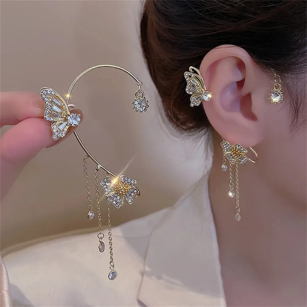 Glänzender Zirkon Schmetterling Ohrmanschette Gold Farbe Quasten Clip an Ohrringen für Frauen Korea Style Kupferohrring ohne durchdringenden Schmuck 240418