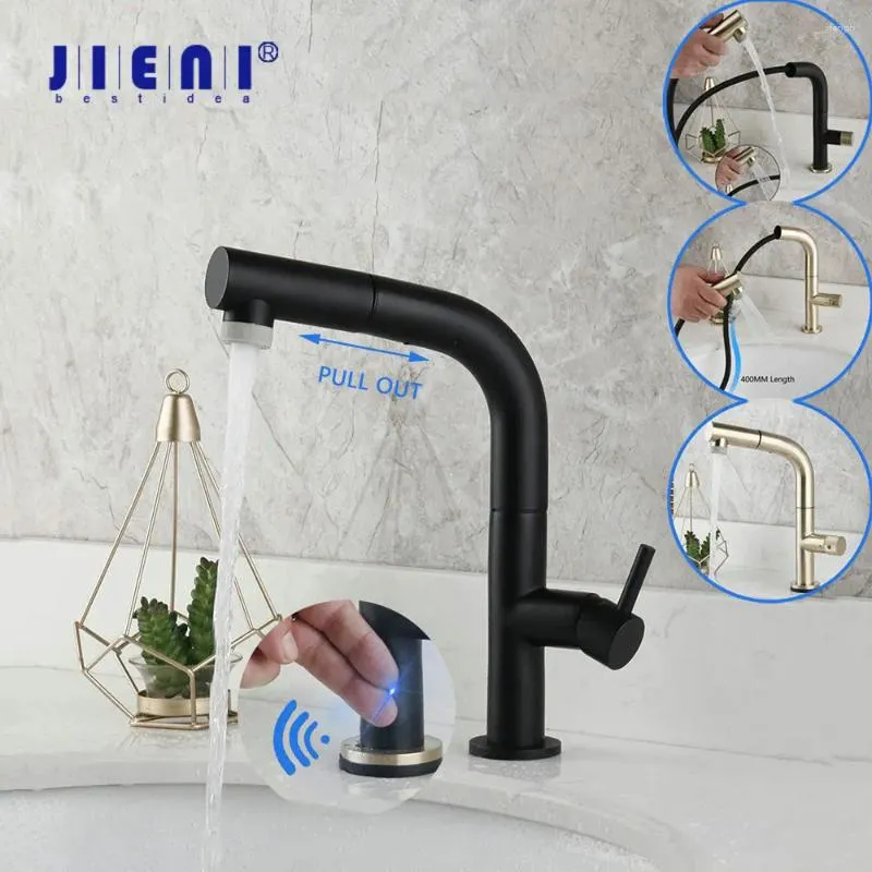 Смесители раковины для ванной комнаты Jieni Кухонный смеситель смарт -датчик вытягивает холодный переключатель для выключателя для холодной воды для переключателя Tap Touch Spray Matte Black
