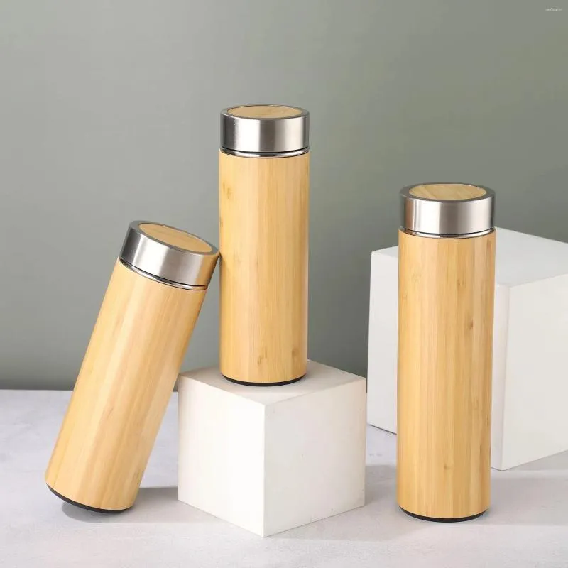 Wasserflaschen 304 Edelstahl Isoliert Tasse Doppelschicht Bambus tragbarer gerader Kaffee