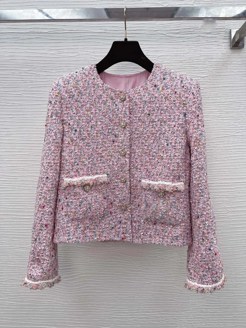 Giacche da donna 2024 Spring Summer Girl Clover Pink Button Round Neck Round Wool Woman Long Maniche