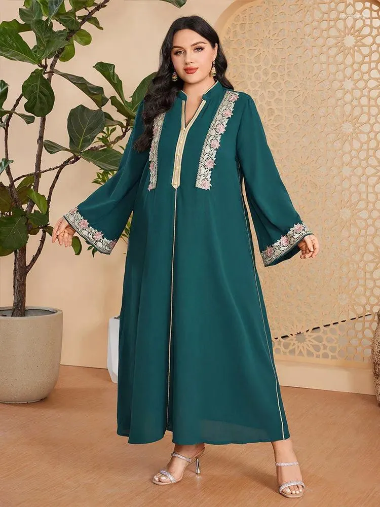 Ethnic Clothing 2024 Women Loose Dress Spring Floral Embroidery Green Plus Size Muslim Ramadan Eid Al-Adha Ankle-Length 4XL