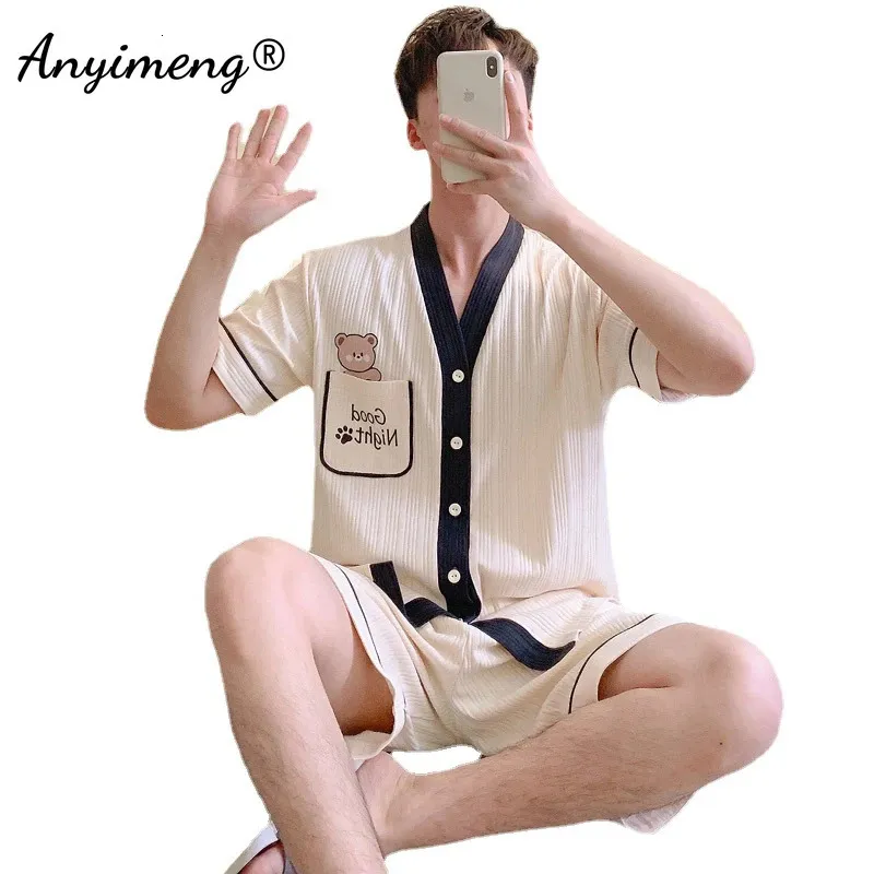 Pajamas de coton d'été pour hommes à manches courtes kimono pyjamas kawaii ours imprimées cardigan vêtements de nuit de causalité 240428