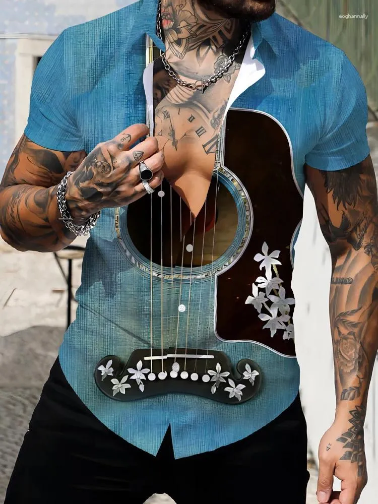 Mäns casual skjortor street mode cool gitarr 3d tryck kort -leved sommar lös vridning krage knappar skjorta