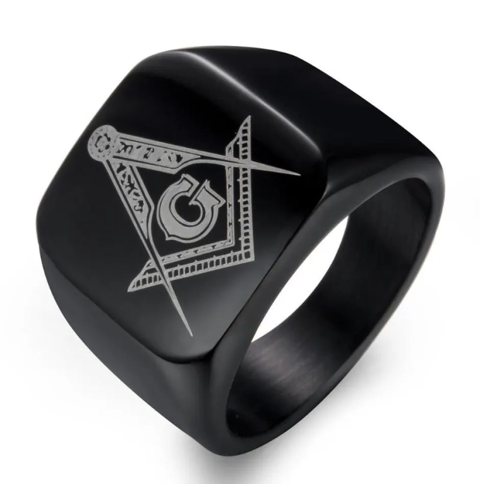 Clusterringe Hip Hop Masonic Titanium Ring Männer Mason Square Flat Alliance Jubiläum Ehering für männliche schwarze Gold Colour9008391