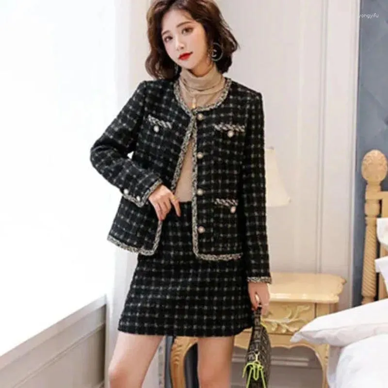 Work Dresses 2024 Spring Autumn Chic Casual Women's Skirt Suit Fashion Loose Plaid Jacket Female Woolen Two-Piece Set