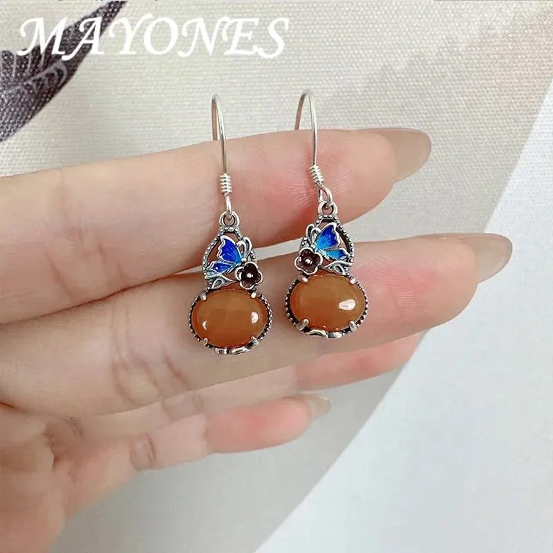 Boucles d'oreilles en peluche Mayones 925 Sterling Silver Ematel Gourde Forme Small Femmes Retro Style Butterfly Fleur Amber Bijoux EH236