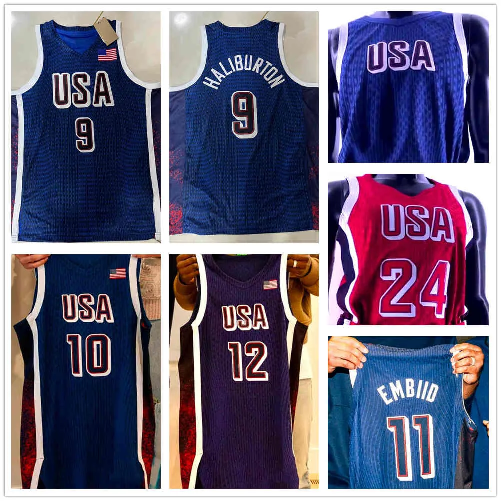 2024 USAOLYYPICS Jerseys de basket-ball 4 Stephen Curry 6 Lebron James 7 Kevin Durant 8 Leonard 11 Embiid 12 Holiday 5 Edwards 9 Haliburton 15 Booker 10 Tatum 14 Davis