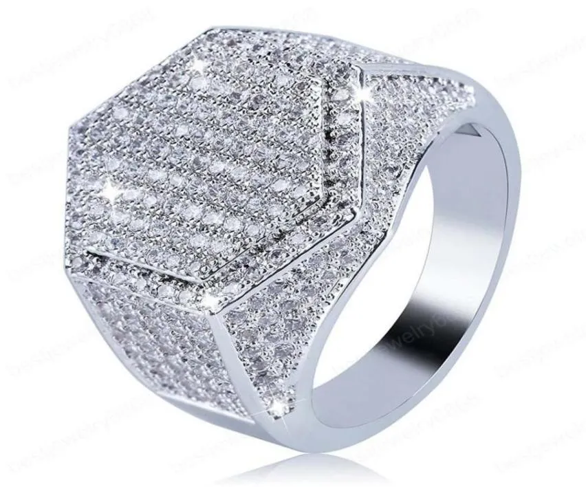 Hexagon Ring For Men Top Quality Trendy HipHop Jewelry 18K Gold Plated Bling Ice Out CZ Hip Hop Rings1072279