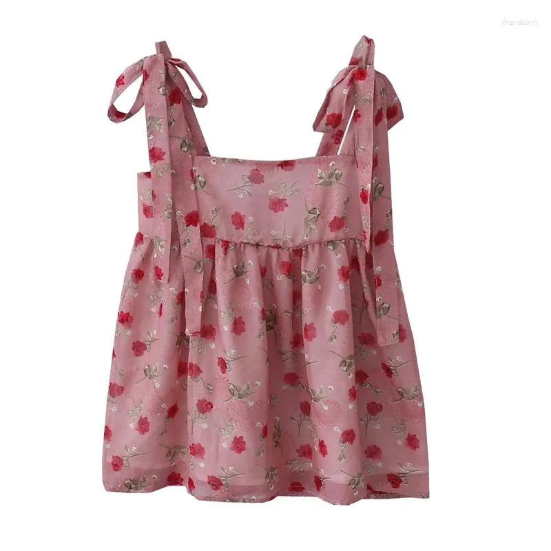 Kvinnors tankar Original Design Retro Rose Print Loose Sets-up Sling Topps Summer Sweet Age Reducerande Bow Puffy Small Camisole Vests