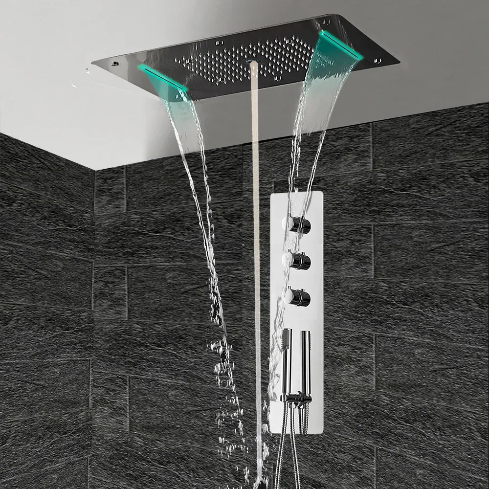 Thermostatic Shower Panel 5 Ways Mixer LED Head Ceiling Mounted Mirror Brushed Gold Matte Black System Complete